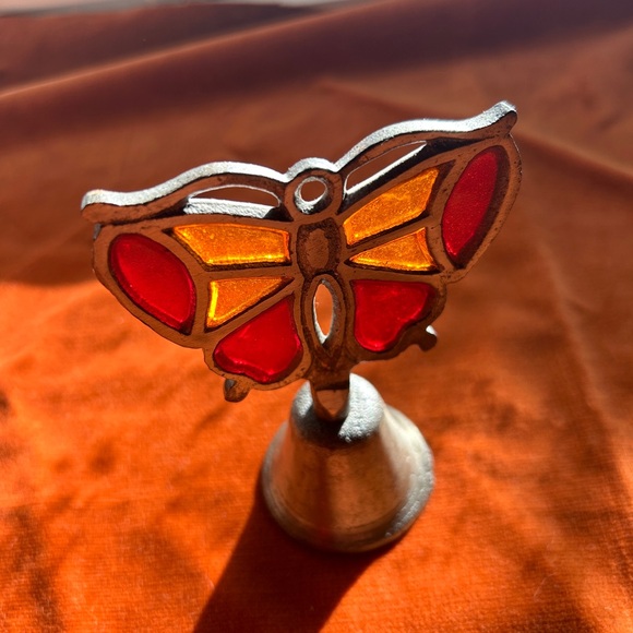 Vintage Cast Iron Stained Glass Butterfly Bell Hand Bell Dinner Bell - Picture 4 of 5